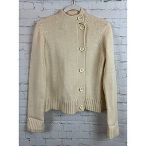 FRENCH CONNECTION natural white ivory 100% wool button cardigan sweater size L